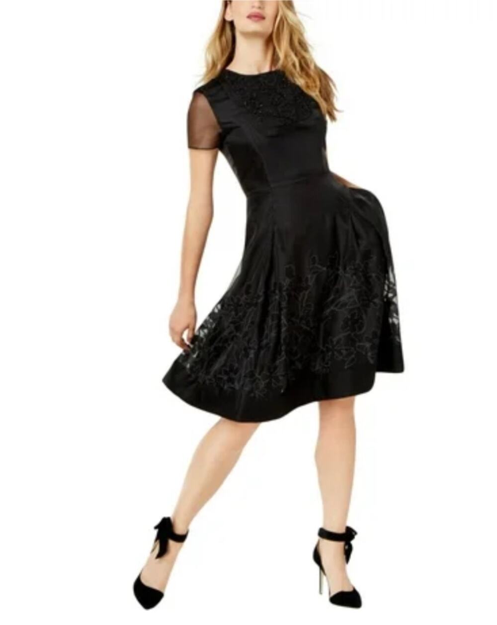 Sachin & Babi Black Cocktail Dress Beaded Chiffon Knee Length Fit & Flare Size 8
